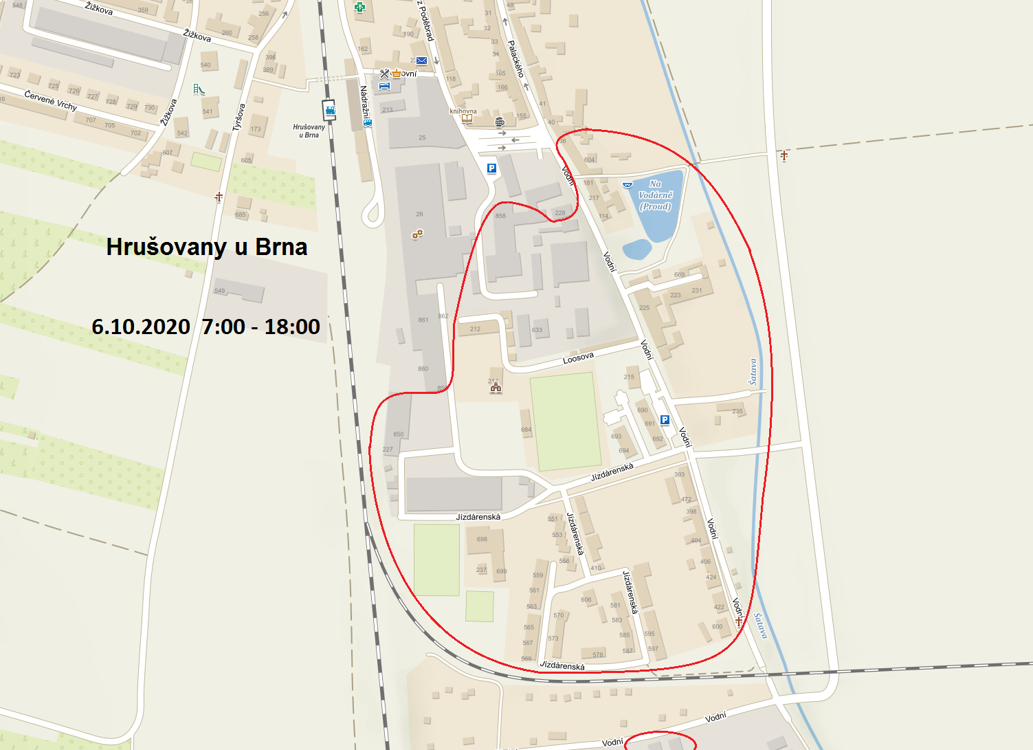 Zákres lokalit, kde dojde k přerušení dodávky elektřiny dne 6. 10. od 7 do 18 hod.: ul. Vodní, Jízdárenská, Loosova, areál RIROMI, TUBELL, JAPEZ.