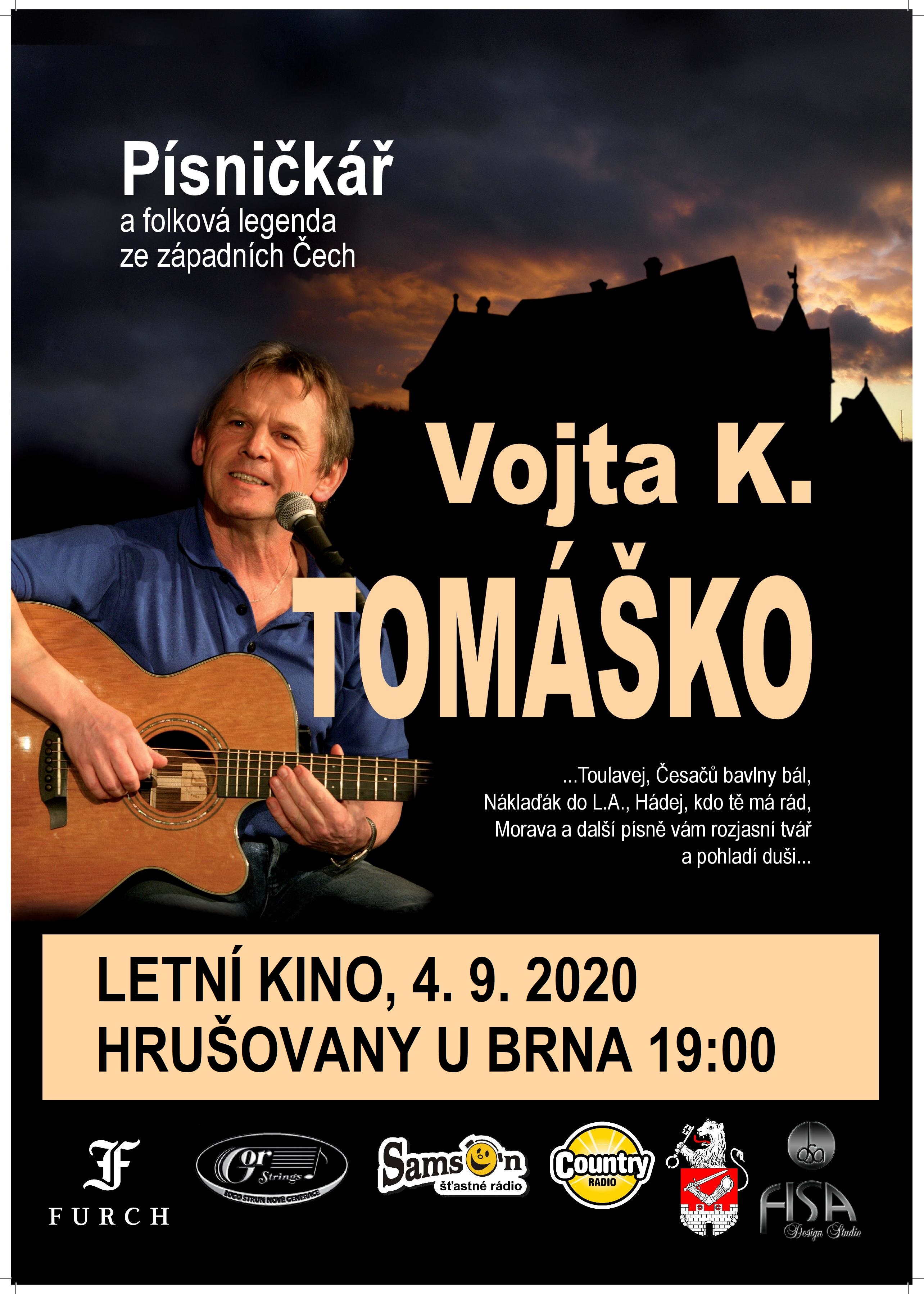 Pozvánka na koncert Vojty K. Tomáška dne 4. 9. 2020 v letním kině v Hrušovanech u Brna od 19:00